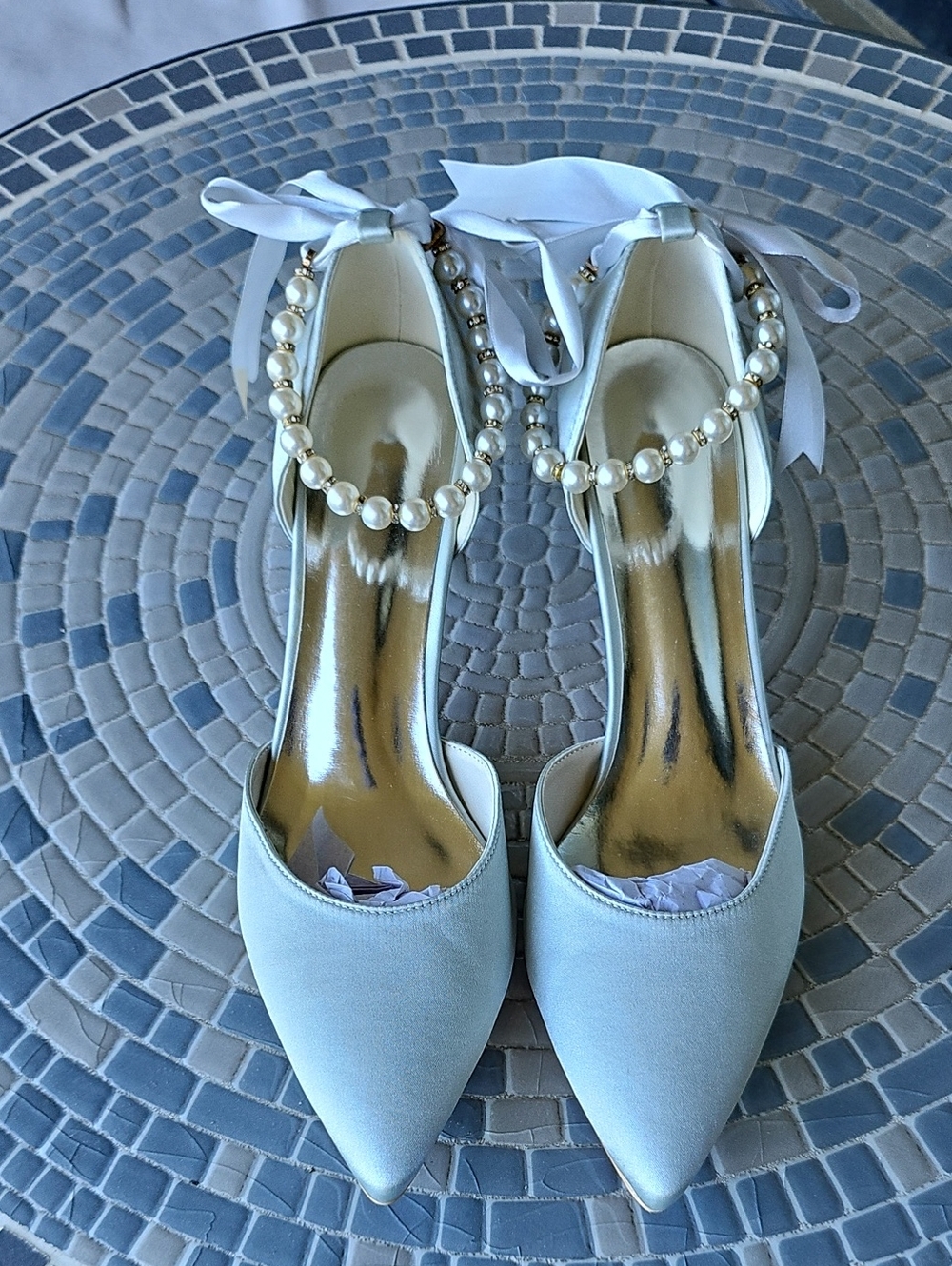 Pearl-Embellished Satin Pointed-Toe Women’s Heels — Silver